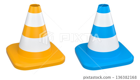 Traffic safety cones with white stripes, isolated on white background with clipping path. Concept of road safety equipment 136382168
