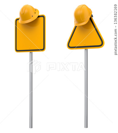 Blank traffic signs with different shapes and colors on metal poles on white background with clipping path, concept of road safety Blank traffic signs with different shapes and colors on metal poles on white background with clipping path, concept of road safety 136382169