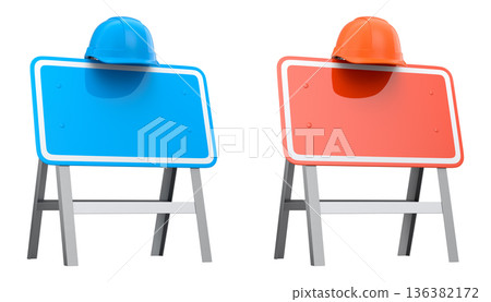 Blank traffic signs with different shapes and colors on metal poles on white background with clipping path, concept of road safety Blank traffic signs with different shapes and colors on metal poles on white background with clipping path, concept of road safety 136382172