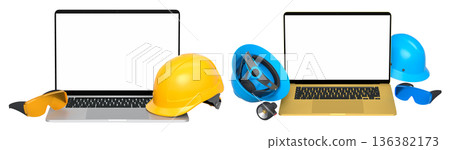 Laptops with blank screens surrounded by construction helmets, respirators and earmuffs on white background with clipping path Laptops with blank screens surrounded by construction helmets, respirators and earmuffs on white background with clipping path 136382173