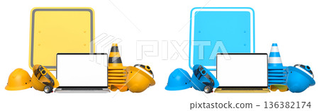 Laptops with blank screens surrounded by construction helmets, cones and warning signs on white background with clipping path 136382174