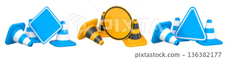 Construction traffic cones and road signs isolated on white background with clipping path, concept of safety gear Construction traffic cones and road signs isolated on white background with clipping path, concept of safety gear 136382177