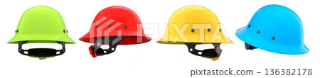 Set of construction safety helmets isolated on white transparent background, symbolizing safety and industry standards 136382178