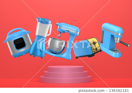 Set of kitchen appliances including mixer, toaster, blender, and coffee maker on white colorful podium and background Set of kitchen appliances including mixer, toaster, blender, and coffee maker on white colorful podium and background 136382181