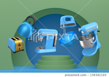 Set of kitchen appliances including mixer, toaster, blender, and coffee maker on white colorful podium and background Set of kitchen appliances including mixer, toaster, blender, and coffee maker on white colorful podium and background 136382183