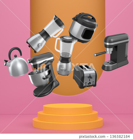 Set of kitchen appliances including mixer, toaster, blender, and coffee maker on white colorful podium and background 136382184