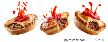 Set of Australia meat pie filled with minced meat  and topped with ketchup, isolated on white transparent background 136382188