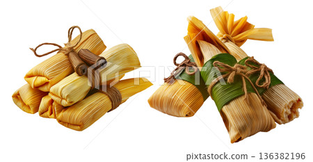 Peru Corn tamales with meat filling and steamed vegetables, wrapped in corn husks, isolated on white background Peru Corn tamales with meat filling and steamed vegetables, wrapped in corn husks, isolated on white background 136382196