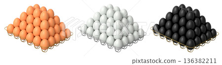 Metal trays filled with neatly stacked brown, white and black eggs, isolated on white transparent background. Metal trays filled with neatly stacked brown, white and black eggs, isolated on white transparent background. 136382211