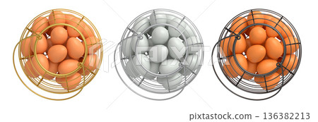 Wire baskets filled with eggs, isolated on white transparent background, concept of kitchen storage Wire baskets filled with eggs, isolated on white transparent background, concept of kitchen storage 136382213