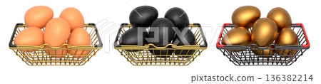 Wire baskets filled with eggs, isolated on white transparent background, concept of kitchen storage Wire baskets filled with eggs, isolated on white transparent background, concept of kitchen storage 136382214
