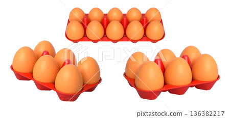 Plastic trays filled with neatly stacked brown eggs, isolated on white transparent background. Plastic trays filled with neatly stacked brown eggs, isolated on white transparent background. 136382217