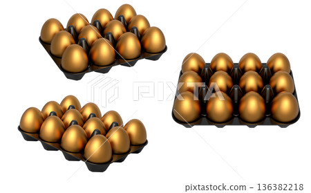 Plastic trays filled with neatly stacked gold eggs, isolated on white transparent background. 136382218