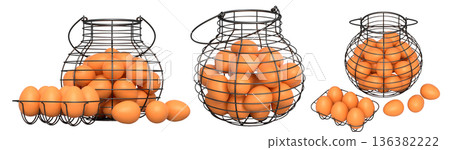 Wire baskets filled with eggs, isolated on white transparent background, concept of kitchen storage Wire baskets filled with eggs, isolated on white transparent background, concept of kitchen storage 136382222