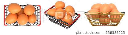 Wire baskets filled with eggs, isolated on white transparent background, concept of kitchen storage Wire baskets filled with eggs, isolated on white transparent background, concept of kitchen storage 136382223