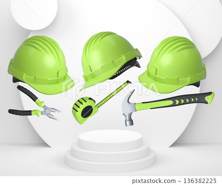Construction tools and safety equipment floating over podium on abstract background, industrial work and protection concept Construction tools and safety equipment floating over podium on abstract background, industrial work and protection concept 136382225