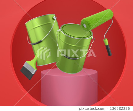 Brushes, paint bucket and roller brush floating in air over podium on abstract background, renovation and construction tools Brushes, paint bucket and roller brush floating in air over podium on abstract background, renovation and construction tools 136382226