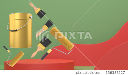 Brushes, paint bucket and roller brush floating in air over podium on abstract background, renovation and construction tools Brushes, paint bucket and roller brush floating in air over podium on abstract background, renovation and construction tools 136382227