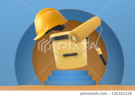 Hard hat, paint bucket and roller brush floating in air over podium on abstract background, renovation and construction tools Hard hat, paint bucket and roller brush floating in air over podium on abstract background, renovation and construction tools 136382228