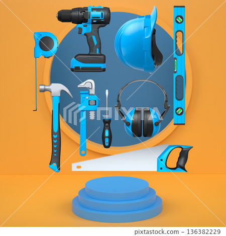 Construction tools and safety equipment floating over podium on abstract background, industrial work and protection concept Construction tools and safety equipment floating over podium on abstract background, industrial work and protection concept 136382229