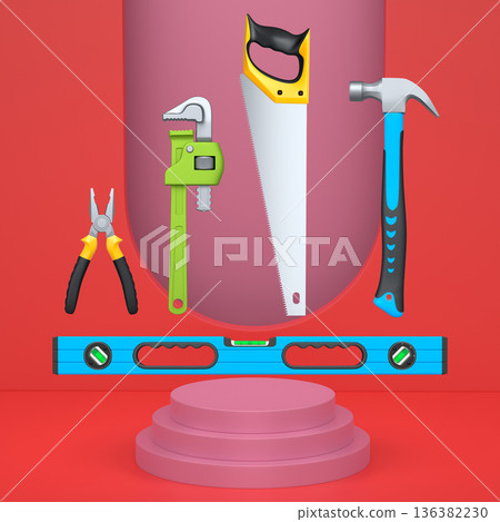 Construction tools and safety equipment floating over podium on abstract background, industrial work and protection concept Construction tools and safety equipment floating over podium on abstract background, industrial work and protection concept 136382230