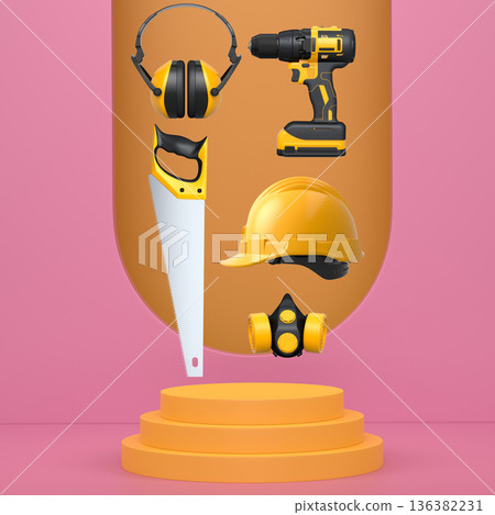 Construction tools and safety equipment floating over podium on abstract background, industrial work and protection concept Construction tools and safety equipment floating over podium on abstract background, industrial work and protection concept 136382231