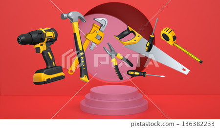 Construction tools and safety equipment floating over podium on abstract background, industrial work and protection concept 136382233