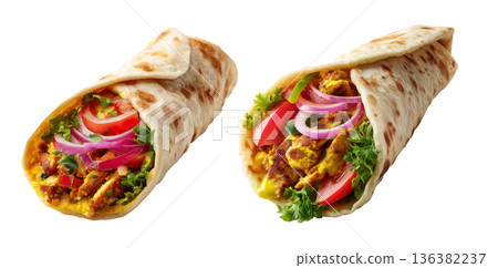 Shish taouk grilled chicken kebab wrap filled with vegetables and herbs, isolated on white transparent background 136382237