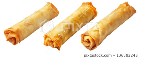 Crispy golden spring rolls with flaky texture shown isolated on white transparent background, Asian snack concept Crispy golden spring rolls with flaky texture shown isolated on white transparent background, Asian snack concept 136382248