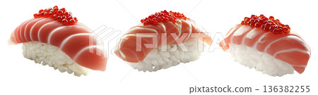 Salmon nigiri sushi with bright red roe, isolated on white background, concept of traditional Japanese cuisine Salmon nigiri sushi with bright red roe, isolated on white background, concept of traditional Japanese cuisine 136382255