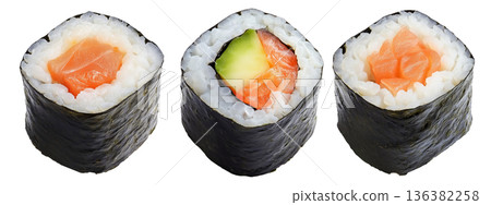 Sushi roll Maki with salmon, avocado, cucumber and rice wrapped in seaweed, isolated on white transparent background Sushi roll Maki with salmon, avocado, cucumber and rice wrapped in seaweed, isolated on white transparent background 136382258