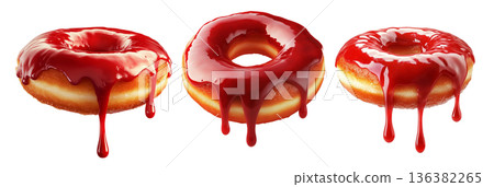 Tasty donut with glossy red glaze dripping down, isolated on white transparent background. Concept of sweet dessert Tasty donut with glossy red glaze dripping down, isolated on white transparent background. Concept of sweet dessert 136382265