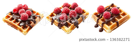 Waffle topped with fresh raspberries and drizzled chocolate syrup, isolated on white, concept of sweet dessert snack Waffle topped with fresh raspberries and drizzled chocolate syrup, isolated on white, concept of sweet dessert snack 136382271