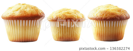 Golden brown vanilla muffin with fluffy texture in paper liner, isolated on white transparent background 136382274