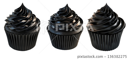 Cupcake with rich glossy black chocolate frosting and black wrapper, isolated on white transparent background 136382275