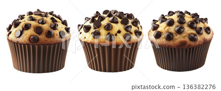 Chocolate chip muffin with golden top and dark wrapper, isolated on white background, concept of sweet food and dessert Chocolate chip muffin with golden top and dark wrapper, isolated on white background, concept of sweet food and dessert 136382276