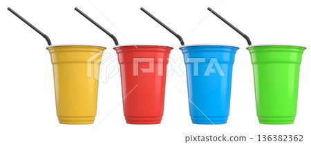 Set of colorful plastic drinking cups with black bendy straws isolated on a white background, symbolizing party beverages Set of colorful plastic drinking cups with black bendy straws isolated on a white background, symbolizing party beverages 136382362