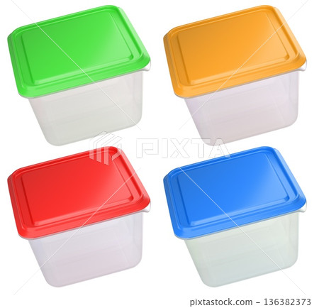 Set of vibrant square plastic food storage containers with colorful lids, isolated on white background 136382373