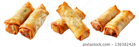 Crispy golden spring rolls with flaky texture shown isolated on white transparent background, Asian snack concept Crispy golden spring rolls with flaky texture shown isolated on white transparent background, Asian snack concept 136382426