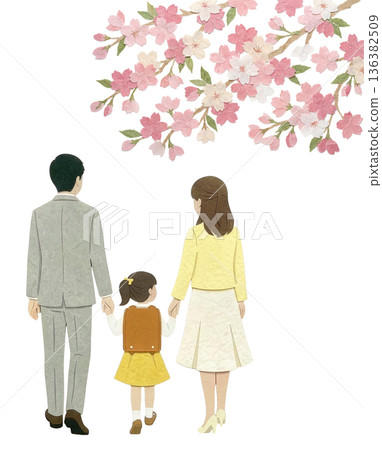 一家人在櫻花樹下漫步——日本剪紙插圖 136382509