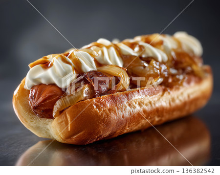 Premium hot dog topped with caramelized onions and creamy sauce, styled as gourmet street food. Upscale fast-food menu, takeaway concepts and modern casual dining advertising. Luxury presentation. Premium hot dog topped with caramelized onions and creamy sauce, styled as gourmet street food. Upscale fast-food menu, takeaway concepts and modern casual dining advertising. Luxury presentation. 136382542