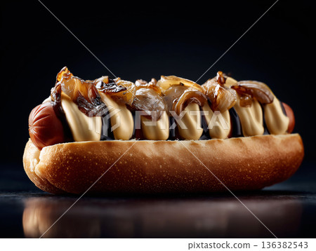 Premium hot dog with grilled sausage and rich sauce, presented as upscale street food. Fast-food branding, takeaway menu, delivery platforms, restaurant marketing visuals. Luxury presentation. Premium hot dog with grilled sausage and rich sauce, presented as upscale street food. Fast-food branding, takeaway menu, delivery platforms, restaurant marketing visuals. Luxury presentation. 136382543