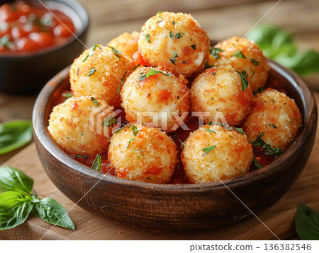 Premium mozzarella cheese balls with herbs, marinara sauce and golden crispy texture. Gourmet street food. Fast-food appetizers, delivery services and upscale casual dining menu. 136382546