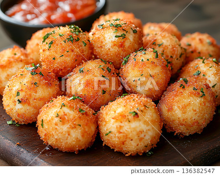 Premium fried cheese bites. Mozzarella balls topped with herbs, marinara sauce and golden crispy texture. Gourmet street food. Fast-food snack concept, delivery platform, restaurant marketing visuals. Premium fried cheese bites. Mozzarella balls topped with herbs, marinara sauce and golden crispy texture. Gourmet street food. Fast-food snack concept, delivery platform, restaurant marketing visuals. 136382547
