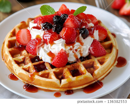Premium waffle topped with whipped cream, fresh strawberries, sweet sauce and mint. Luxury presentation. Restaurant service. Street food, fast-food cafes menu. Delivery services. Upscale casual dining 136382553
