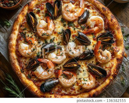Premium seafood pizza topped with shrimp and mussels, baked to perfection. Perfect for gourmet fast-food menu, upscale street food branding and pizzeria advertising campaign. Restaurant service. Premium seafood pizza topped with shrimp and mussels, baked to perfection. Perfect for gourmet fast-food menu, upscale street food branding and pizzeria advertising campaign. Restaurant service. 136382555
