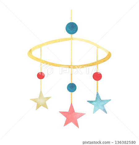 Watercolor baby cradle Mobile with yellow, blue and red stars. Hand drawn illustration kids hanging toy. For greeting cards, newborn greeting or birthday template, baby shower invitations 136382580