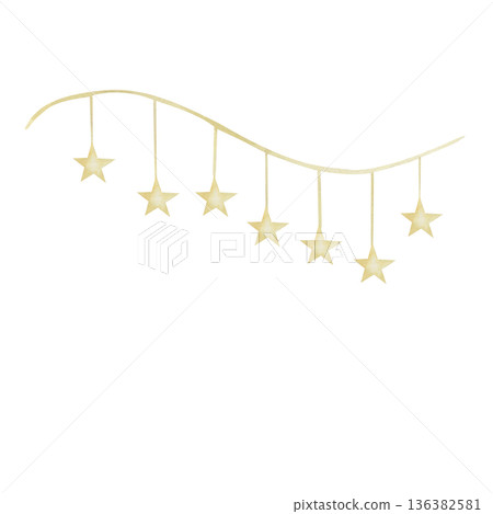 Watercolor Garlands with golden stars . Drawing pennants for baby showers, greeting cards or children's party invitations. Decoration of kindergartens and holiday decorations, wedding, new year Watercolor Garlands with golden stars . Drawing pennants for baby showers, greeting cards or children's party invitations. Decoration of kindergartens and holiday decorations, wedding, new year 136382581