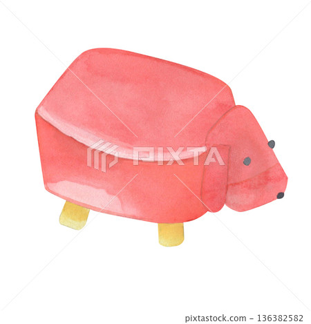 Cute upholstered illustration of a chair with a soft red cushion toy dog and wooden legs. Cozy cartoon-style furniture, perfect for home interiors and cute decor designs 136382582