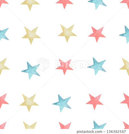 Watercolor star seamless pattern. Cute blue, red and yellow stars. Beautiful design for baby dress, child skirt, kid cloth, wrapping, paper, card, print, cover, confetti, scrapbooking 136382587